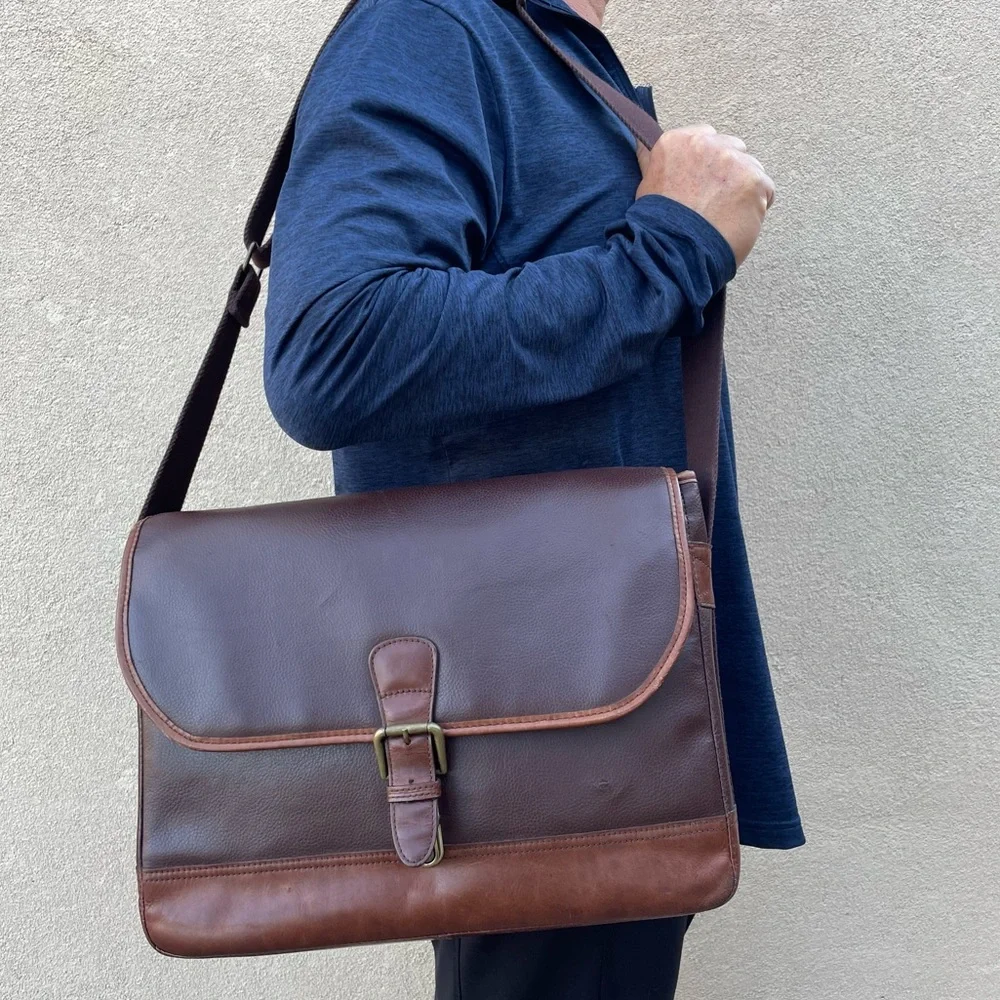 VTG Buxton 💼 Leather Flap Clip Laptop/Briefcase/Messenger Bag in 2-Tone Brown